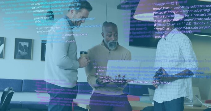 Developer opening laptop reviewing code, colleagues tapping tablet for tech teamwork floating code