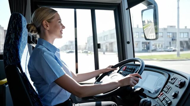 Young caucasian woman bus driver operating vehicle with hands on steering wheel. Public transport career concept.