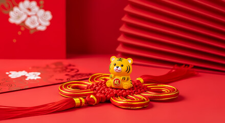 鮮やかな赤色の背景に飾られた可愛い虎の置物と美しい中国結び
