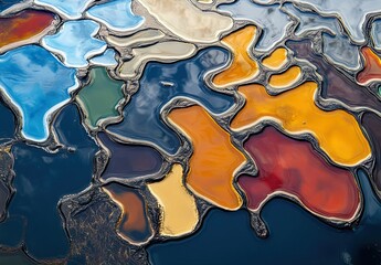 Fototapeta premium Iridescent oil-slick abstract with swirling rainbow film in blue, purple, orange, yellow, green on dark asphalt surface