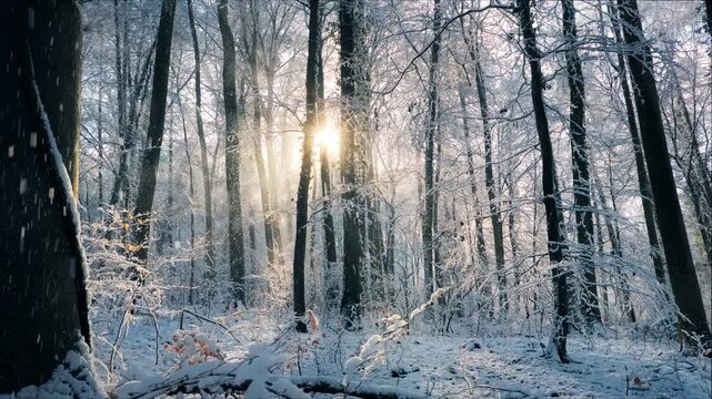 Enchanting winter scene in a forest with melting snow falling off the trees in front of the beautiful gold sun