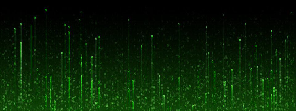 Binary code cascades in green matrix rain pattern, flowing cyber data streams creating futuristic hacker interface on dark digital background.
