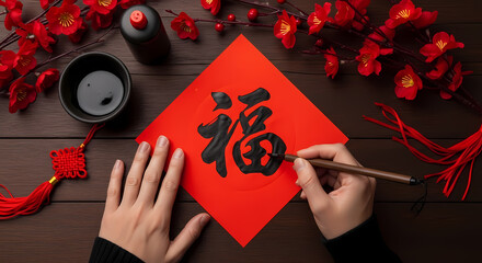 見事に書かれた福の文字、赤い背景に咲く花の装飾が美しい春節のイメージ