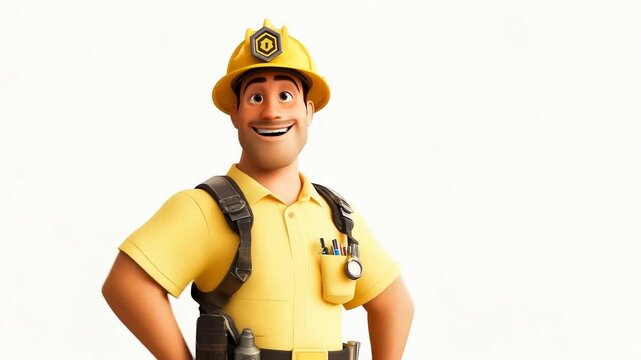 Friendly construction worker cartoon character waving, smiling, and touching helmet on a white background