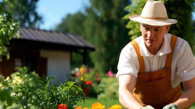 Gardener man wearing straw hat and apron putting on gardening gloves in summer flower bed