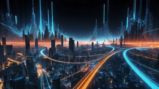 futuristic city skyline neon light trails over metropolis at night