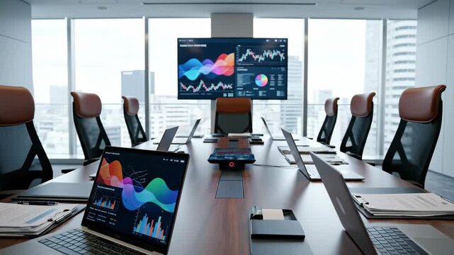 Conference room with multiple laptops and a large display screen showing business data analytics and financial charts for corporate strategy.