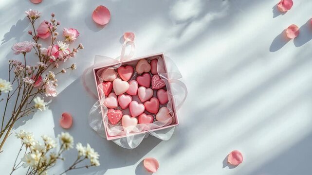 Romantic heart shaped chocolates in a gift box with flowers for Valentines day celebration