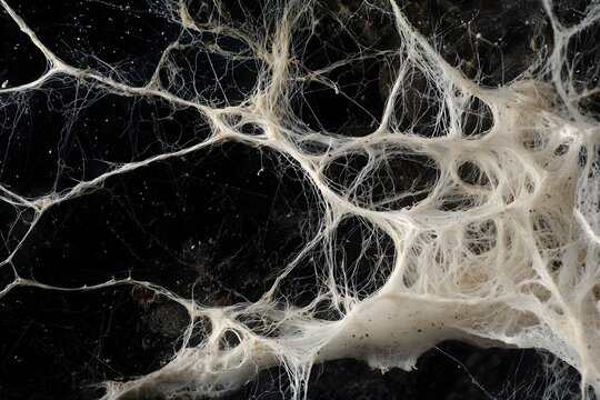 Abstract organic fiber network forming neural web structure on dark background, biomorphic connections symbolizing data, biology, and AI systems