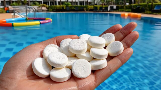 Hand holding white tablets near a swimming pool in hot weather while colorful floaties sit in the background mid afternoon