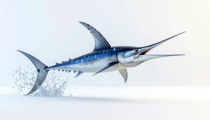 Obraz premium A majestic blue marlin leaps dynamically from the water's surface, creating an energetic splash that highlights its incredible power and grace in the marine environment