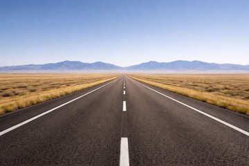 Obraz premium Endless Highway Across Open Plains with Distant Mountains, Empty Rural Road Landscape, Wide Horizon Scenery, Long Distance Travel Route, Freedom and Exploration Concept Background with Copy Space