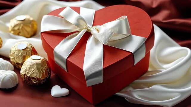 Gift box with heart shape and chocolates placed on a silk fabric in soft light setting during a celebration