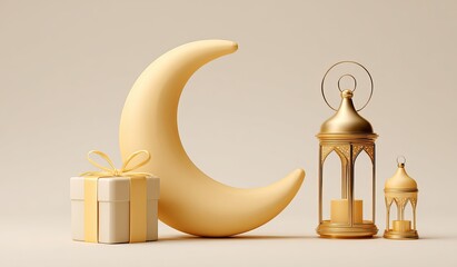 3d rendering of a yellow crescent moon with a gift box and gold lanterns Ramadan Islamic