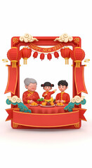 暖かく家族団欒を楽しむ素敵な正月イラスト、赤色が鮮やかに喜びを表す