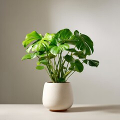 Lush green indoor plant in simple white pot with soft lighting