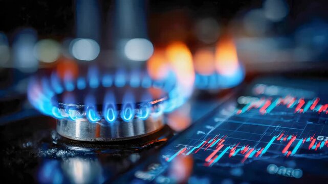 Blue gas stove burner flames with financial candlestick chart overlay, energy prices and market volatility concept