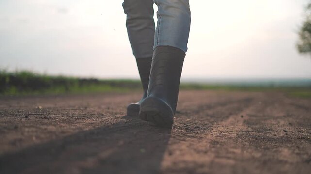 Outdoor walking man in boots steps away across long dirt path through rural field. Walking trail fades behind. Rural boots on soil. Man walking forward wearing boots in evening light. Field ahead open