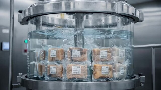 Medium shot of HPP vessel applying highpressure processing to small seafood packs enhancing shelf life with clear water chamber visibly surrounding sealed packages.