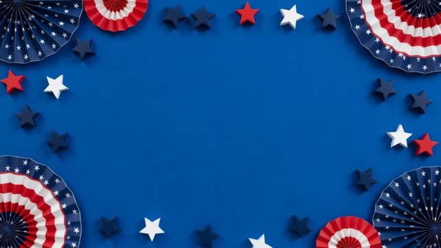 Patriotic American celebration border with red white blue rosettes and stars on a vibrant blue 4K Ai HD high quality video.