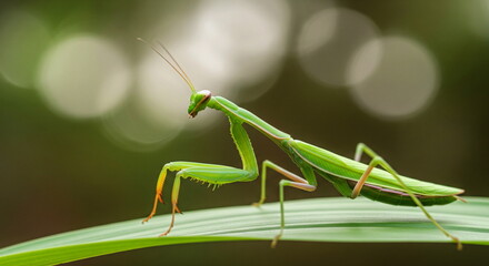 Close-Up of a Green Praying Mantis (Tenodera sinensis) on a Leaf &ndash; Macro Nature Photography with Shallow Depth of Field and Soft Natural Lighting.