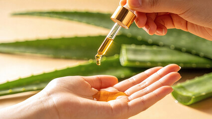 Hand Holding Glass Pipette with Cosmetic Oil Drop