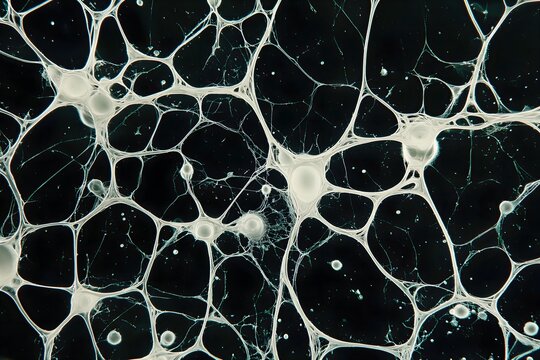 Glowing abstract neural cells connected by translucent fibers, futuristic biological network visualizing AI, data exchange, and cognition
