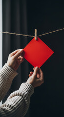 赤い紙を丁寧に吊るす女性の手元、美しい瞬間を捉えた一枚です。