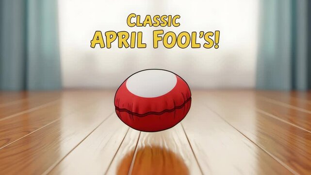 Classic April Fools prank cushion on wooden floor with bright background and curtains playful 4K Ai HD high quality video.