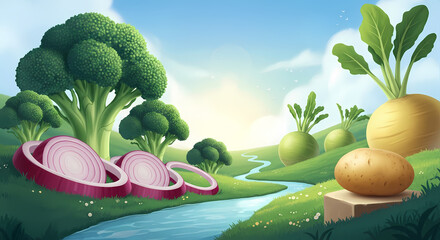 美しい野菜の風景が広がり、太陽が輝く素晴らしいイラストレーション