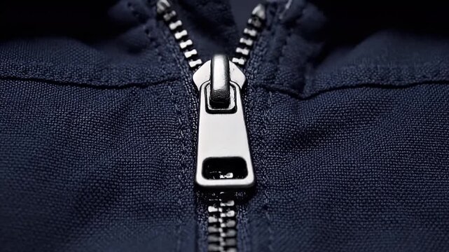 Close-up view of a shiny silver metal zipper pull on dark blue textile fabric, partially fastened.