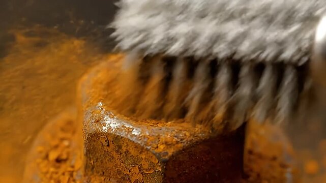A wire brush vigorously cleans heavy rust from a metal bolt, creating a cloud of orange particles during the restoration process.