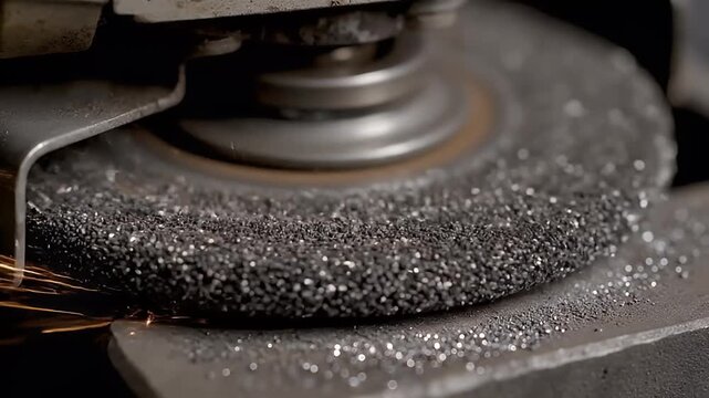 Close-up view of an abrasive grinding wheel actively shaping a metal surface, emitting bright sparks.
