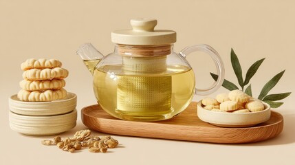 Transparent teapot with cookies on wooden tray against beige backdrop