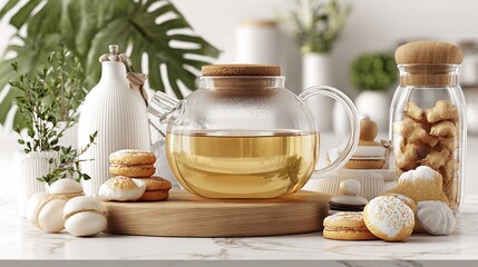 Transparent teapot with cookies and tea on a wooden board daylight scene