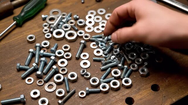 A person's hand selects various metal bolts, nuts, and washers from a scattered pile on a wooden workbench, with a screwdriver nearby.