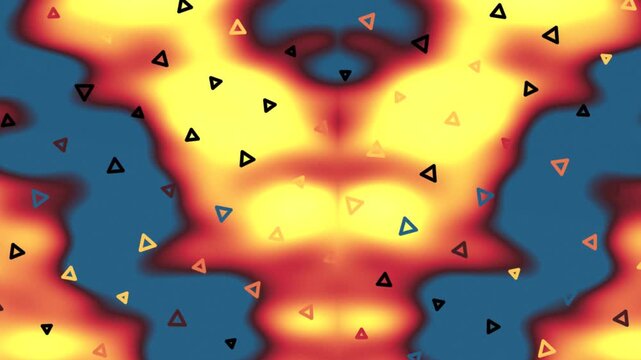 Abstract image of an organic, glowing background in blue, red, and yellow, with scattered triangles