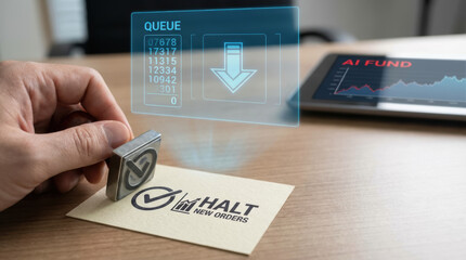 AI investment technology concept with loss prevention and halt new orders stamp on paper for business control