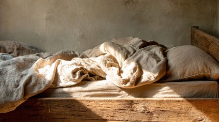 Unmade bed with beige linen and sunlight in rustic bedroom interior