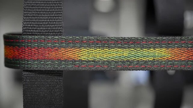 Medium shot of narrow sensorized safety webbing with colorchange yarn highlighting stress points on durable straps for industrial load monitoring applications.