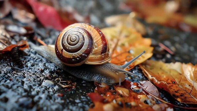 Snail Crawling on Wet Ground Surrounded by Autumn Leaves Macro Shot