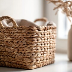 Obraz premium Handwoven natural fiber basket with decorative dried flowers on a minimalistic surface