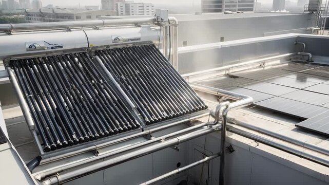 Medium shot of evacuated tube solar collectors on a rooftop efficiently capturing sunlight to preheat process water for industrial sauce production. Medium shot showing flat solar