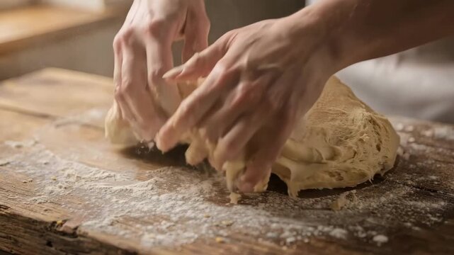 Medium shot of fresh masa dough being kneaded highlighting the soft texture and natural moisture with subtle granules and a smooth surface.