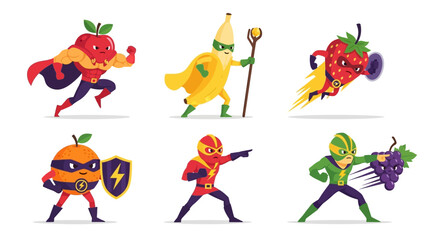 Naklejka premium Vibrant cartoon fruit characters in dynamic poses, showcasing various actions and personalities in a playful illustration