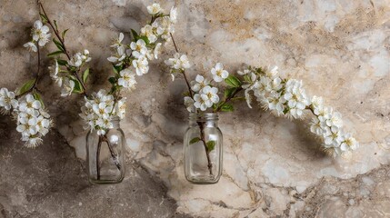 White flowers in small glass jars against a textured stone surface backdrop