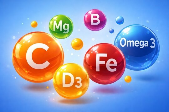 A vibrant 3D illustration of glossy floating vitamin spheres labeled with nutrients like Mg, C, D3, Fe, and Omega 3. With bold, saturated colors, realistic reflections, soft shadows