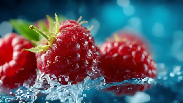 Macro shot of fresh raspberries splashing in water with bubbles and droplets on a blue background