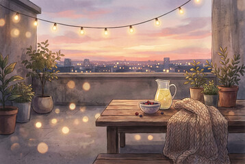 Naklejka premium Cozy rooftop terrace at sunset with string lights glowing warmly over wooden table, bowl of berries, pitcher of lemonade, and knitted blanket. Urban cityscape in soft pastel colors.