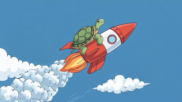 Turtle Rides Rocket Flying Through Clouds Cartoon